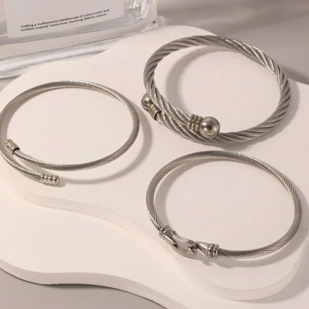 Silver Cable Twisted Wired Bracelet Three pieces Set Silver Plated - Picture 4 of 6